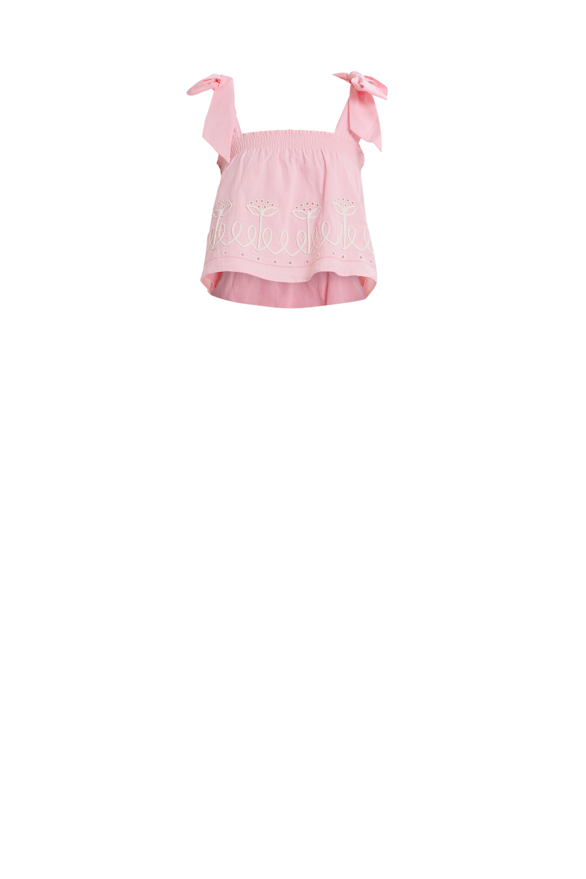 Soft pink embroidered tie-shoulder top with floral details and adjustable bow straps.