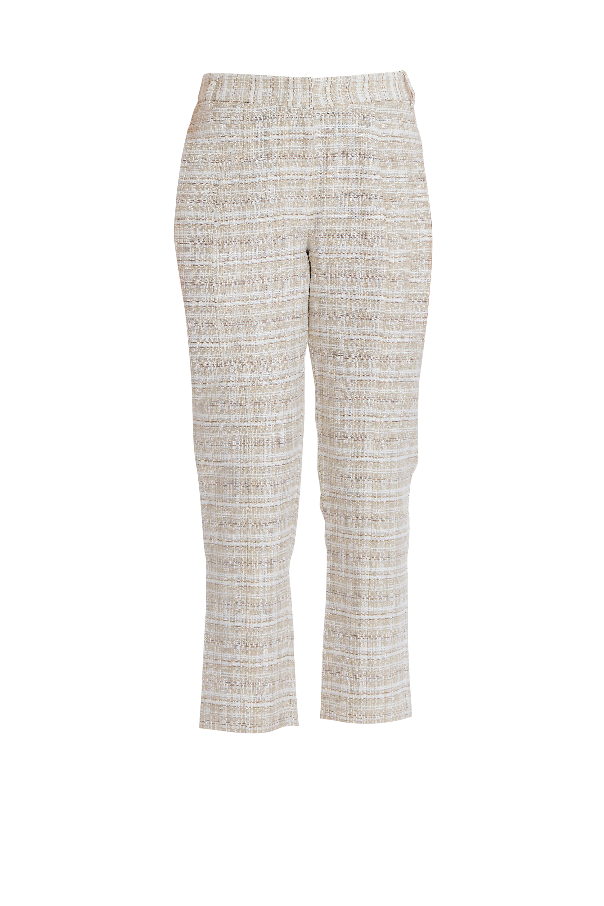 Beige tweed cropped trousers with a modern silhouette and tailored fit.