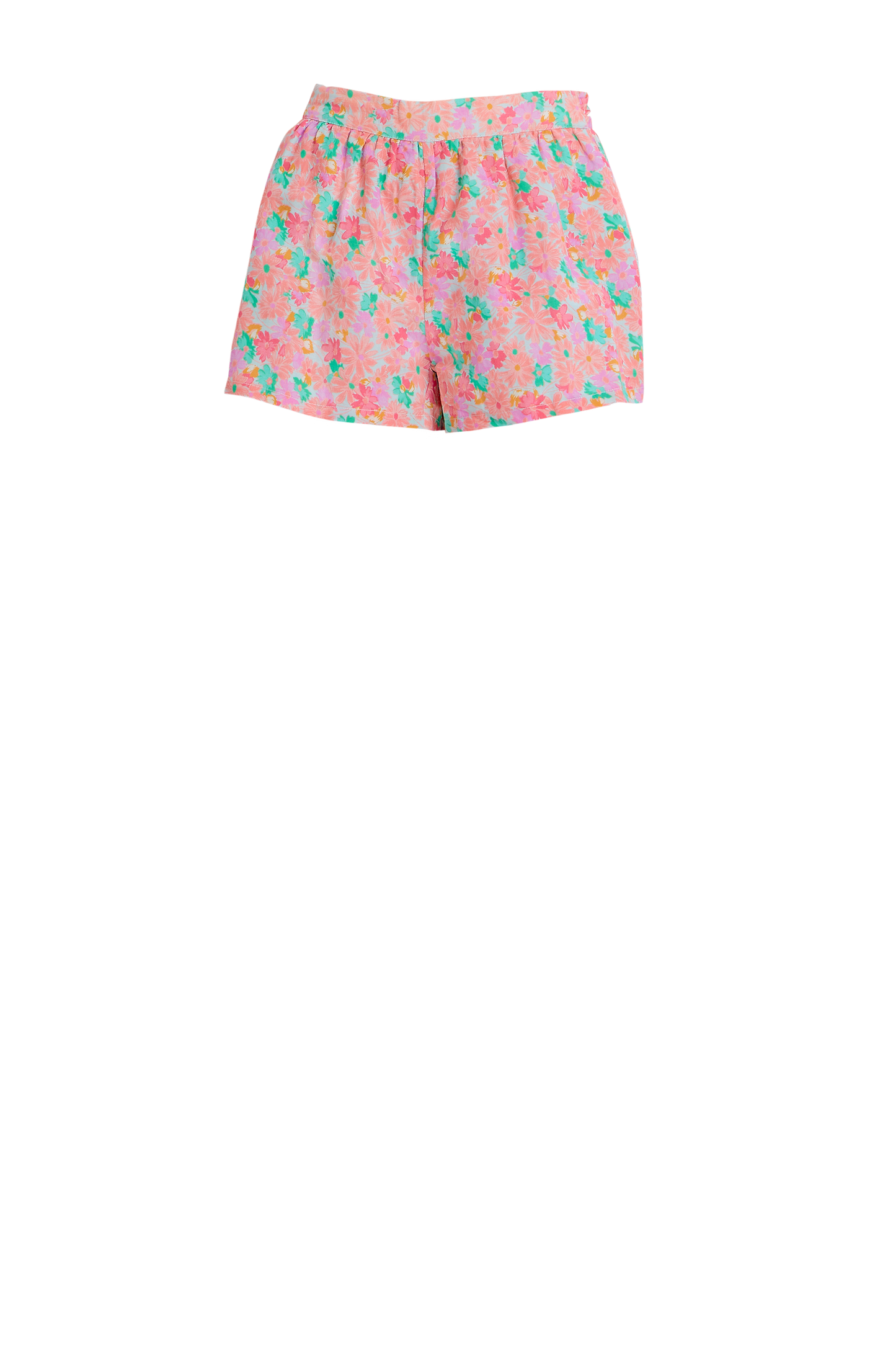 Pink floral tie-waist shorts with elastic waistband and floral pattern.