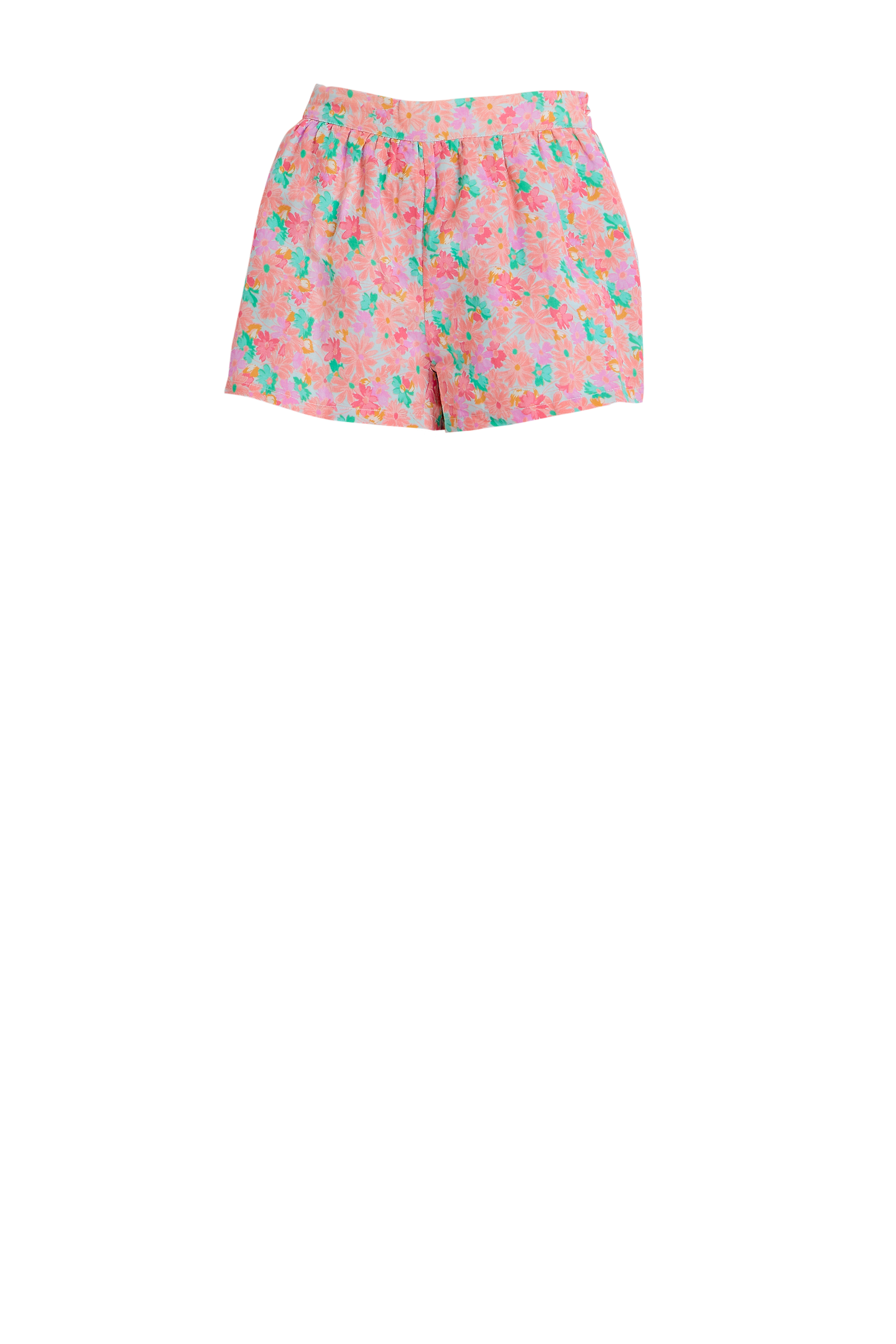 Pink floral tie-waist shorts with elastic waistband and floral pattern.