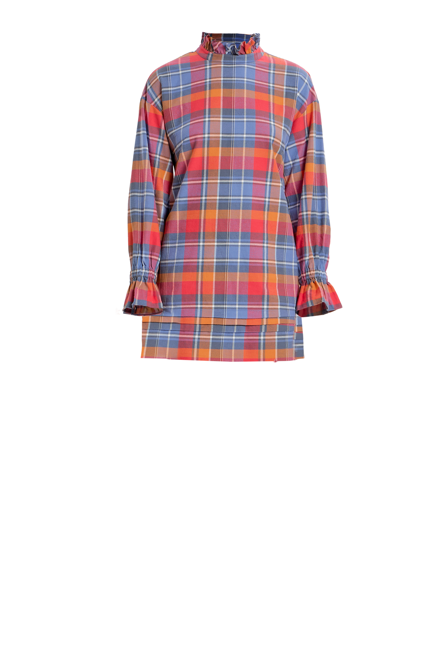 Orange plaid mini dress with mock neck and ruffle details.