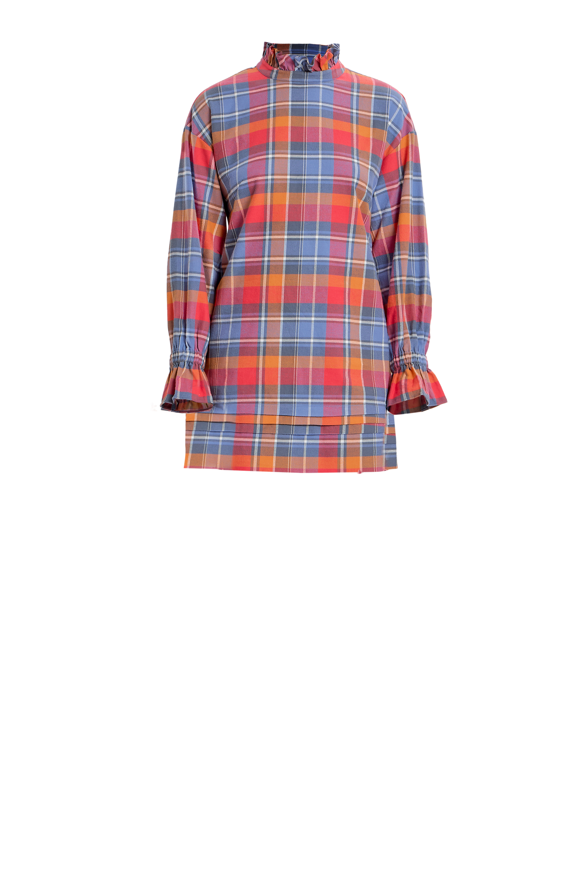 Orange plaid mini dress with mock neck and ruffle details.