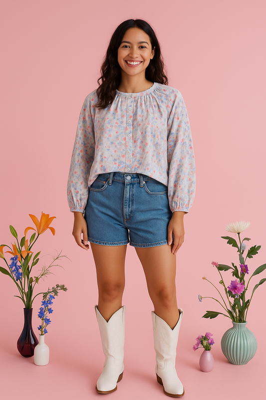 Long-sleeve flowy button-up blouse in orange and white with peasant-inspired silhouette.