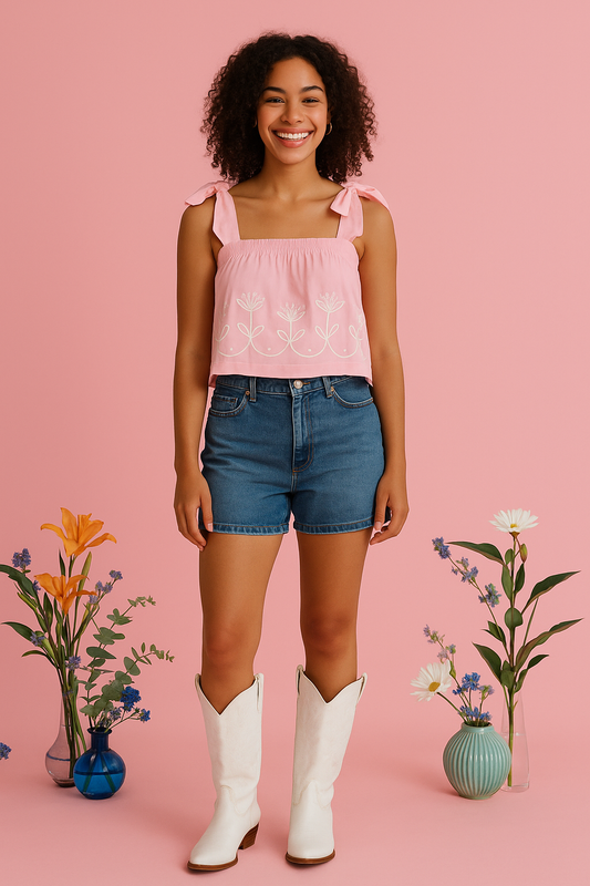 Soft pink embroidered tie-shoulder top with floral details, tied straps, and a cropped fit.