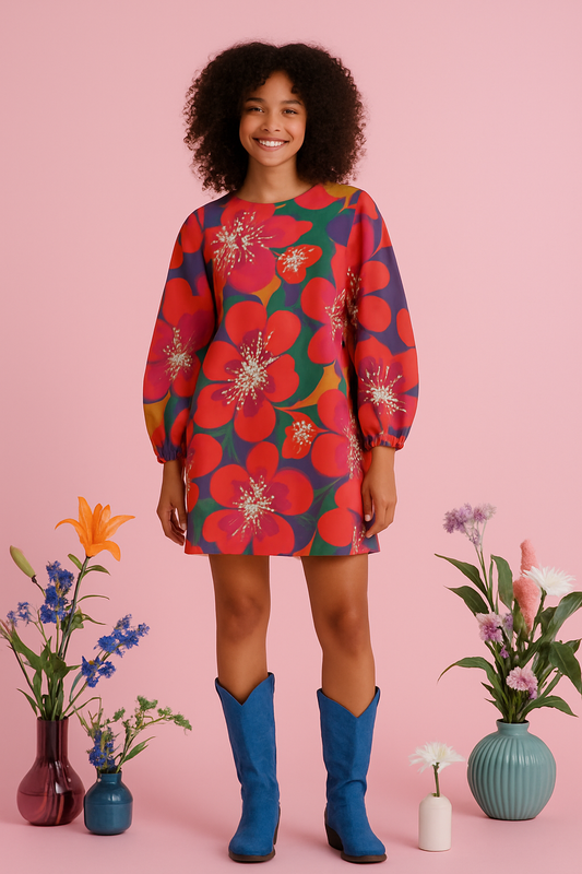 Red Floral Long-Sleeve Open-Back Mini Dress with Vibrant Pattern