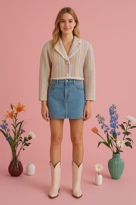 Multicolor cropped tweed blazer with frayed hem and pastel colors against a pink background.