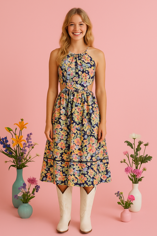 Navy floral cut-out midi dress with sleeveless design and blooming flower print.