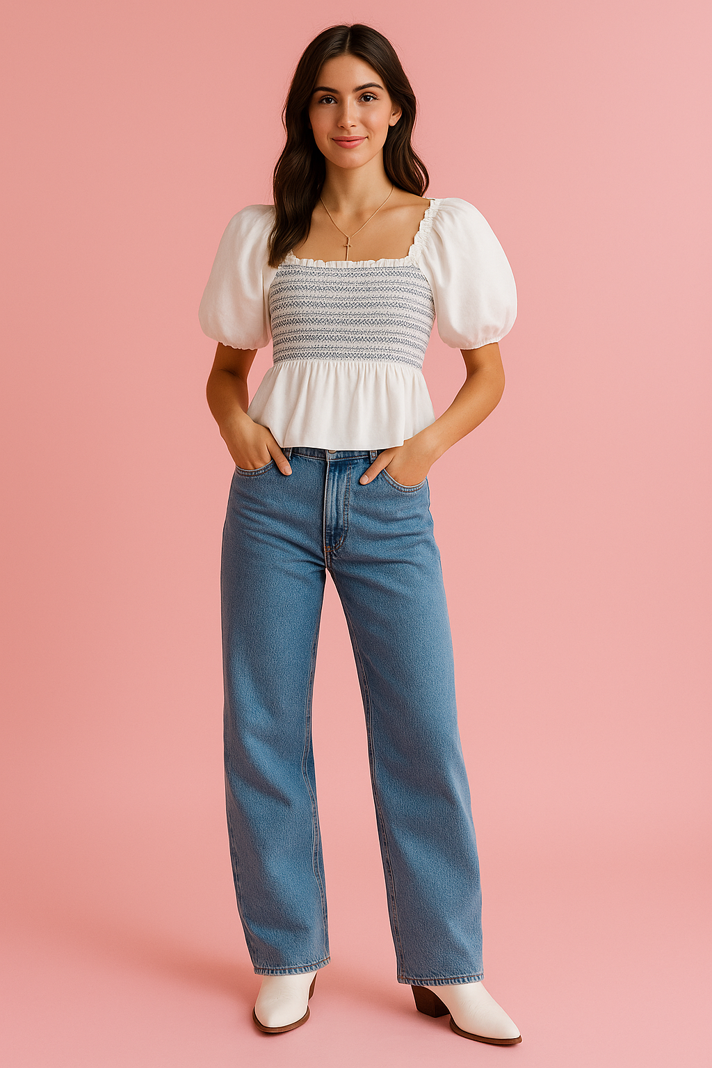 White smocked puff-shoulder peplum top with puff sleeves and square neckline.